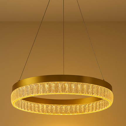 Golden Crystal LED Ring Pendant Light – 3-Color Modern Luxury Chandelier for Hotel & Living Spaces
