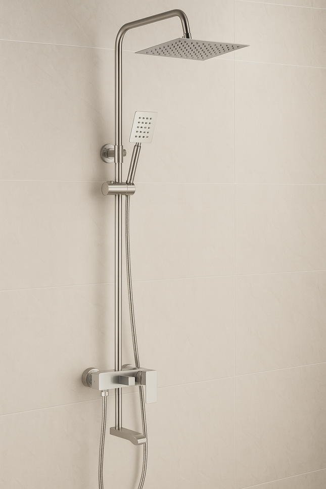 Stainless Steel Wall Mounted Rain Shower Set with Handheld and Spout – Modern Bathroom Fixture