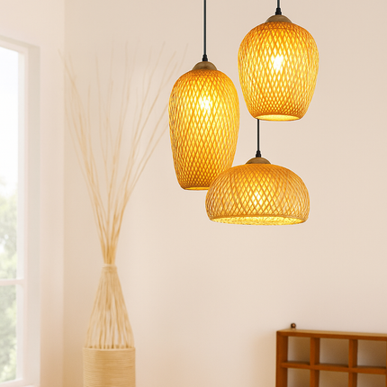 Handcrafted Bamboo Pendant Light Set – 3-Piece Natural Rattan Hanging Lamps
