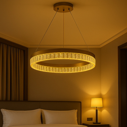 Golden Crystal LED Ring Pendant Light – 3-Color Modern Luxury Chandelier for Hotel & Living Spaces