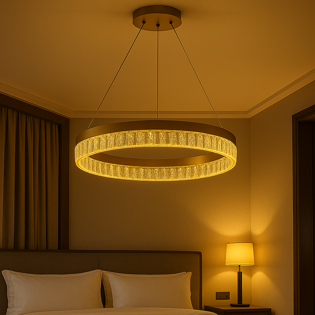 Golden Crystal LED Ring Pendant Light – 3-Color Modern Luxury Chandelier for Hotel & Living Spaces