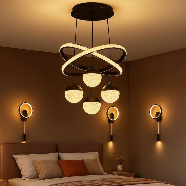 Modern Black Crystal Ring Pendant Chandelier – 4 Globe Hanging Light for Bedroom & Dining Room