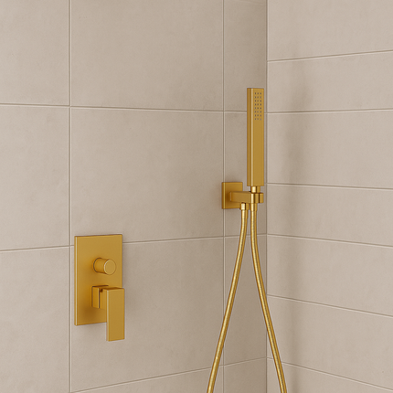 Luxury Gold Shower Set – Rainfall Head + Handheld Spray + Mixer Valve
