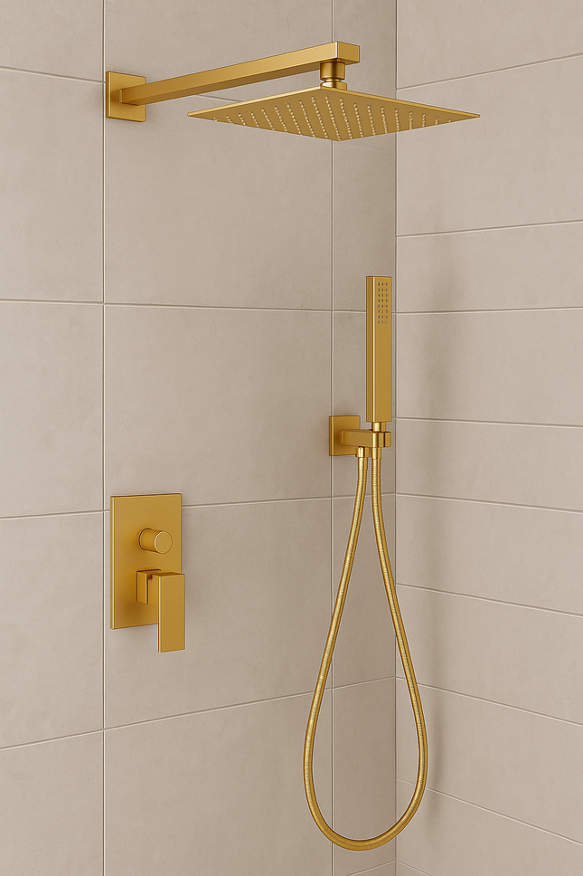 Luxury Gold Shower Set – Rainfall Head + Handheld Spray + Mixer Valve