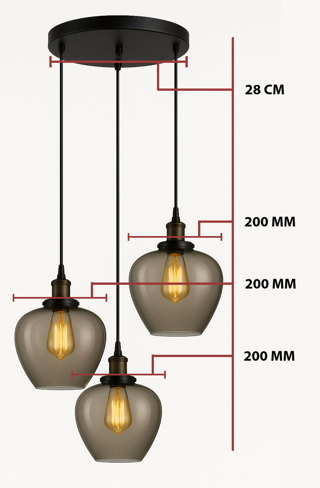 Modern 3-Light Smoky Apple Shape Glass Pendant Chandelier – Black Finish, Adjustable Hanging