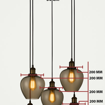 Modern 5-Light Apple Shape Smoke Glass Pendant Chandelier – Vintage Edison Bulbs, Black Round Ceiling Mount