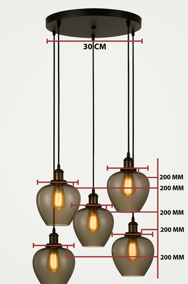 Modern 5-Light Apple Shape Smoke Glass Pendant Chandelier – Vintage Edison Bulbs, Black Round Ceiling Mount