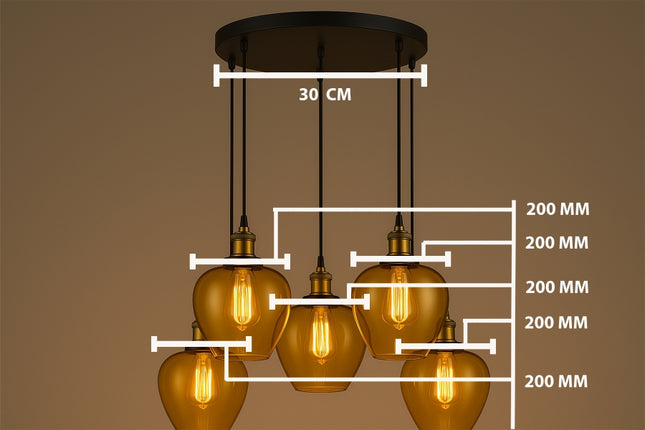 Amber Apple Shape Glass 5-Light Pendant Chandelier – Vintage Edison Bulbs with Black Round Canopy