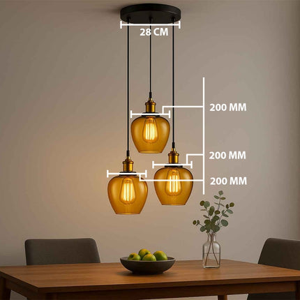 Amber Apple Shape Glass 3-Light Pendant Set with Vintage Edison Bulbs – Modern Dining Room Lighting