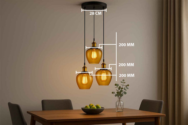 Amber Apple Shape Glass 3-Light Pendant Set with Vintage Edison Bulbs – Modern Dining Room Lighting