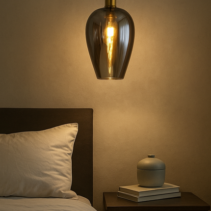 Modern Smokey Glass Pendant Light for Bedroom – Warm Ambient Hanging Lamp