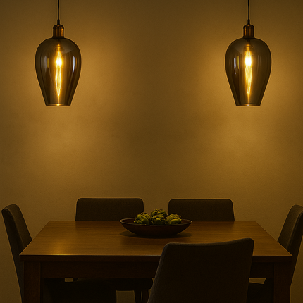 Modern Smokey Glass Pendant Light for Bedroom – Warm Ambient Hanging Lamp