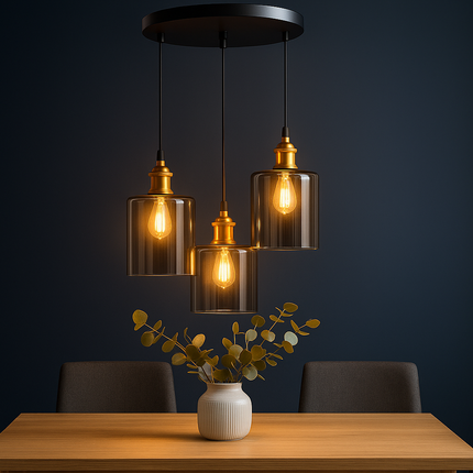 3-Light Smokey Glass Pendant Lamp – Modern Ceiling Fixture with Smokey Finish
