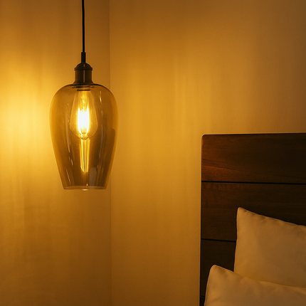 Vintage Amber Glass Pendant Light – Teardrop Hanging Lamp with Warm Filament Bulb