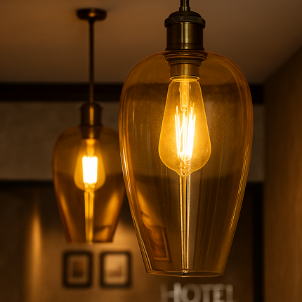 Vintage Amber Glass Pendant Light – Teardrop Hanging Lamp with Warm Filament Bulb