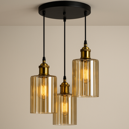 3-Light Clear Ribbed Glass Pendant Light – Modern Ceiling Fixture with Gold Finish