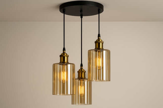3-Light Clear Ribbed Glass Pendant Light – Modern Ceiling Fixture with Gold Finish