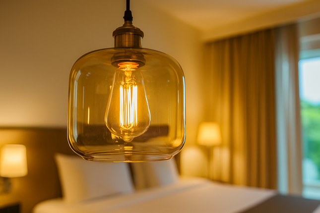 Amber Glass Pendant Light for Bedroom – Warm Hotel-Style Hanging Lamp