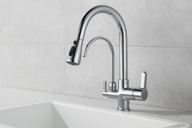 Kitchen Faucet with Pull-Down Sprayer and Filter Tap – Dual Handle Mixer