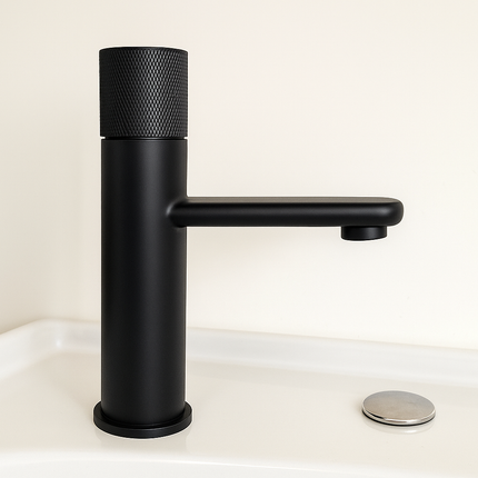 Minimalist Basin Faucet – Cylindrical Body with Textured Top Handle