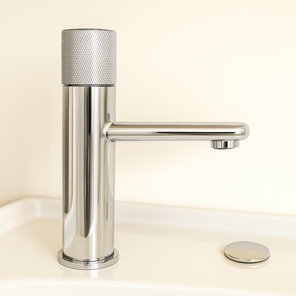 Minimalist Basin Faucet – Cylindrical Body with Textured Top Handle