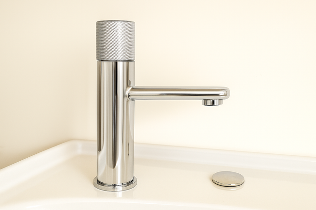 Minimalist Basin Faucet – Cylindrical Body with Textured Top Handle