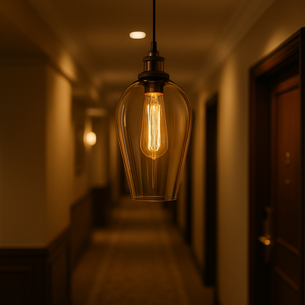 Amber Glow Modern Pendant Light – Vintage T Bulb with Sleek Black Finish