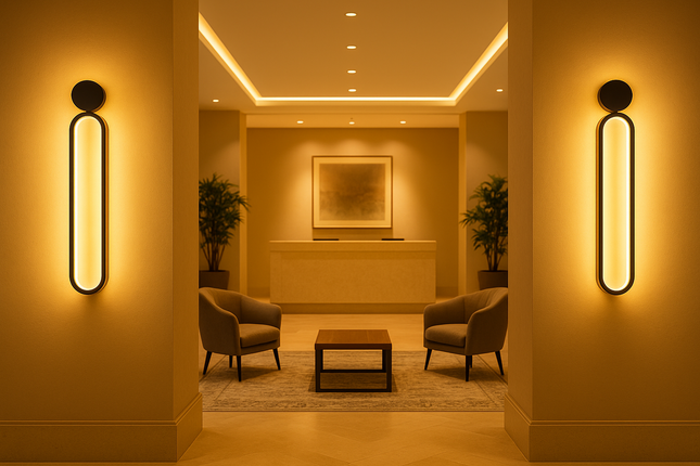 Modern Black LED Wall Light (2pcs Pack) – Sleek Vertical Design for Hotel Lobbies & Living Spaces
