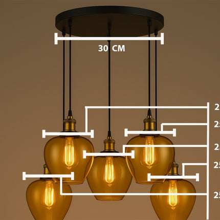 Amber Apple Shape Glass 5-Light Pendant Chandelier – Vintage Edison Bulbs with Black Round Canopy