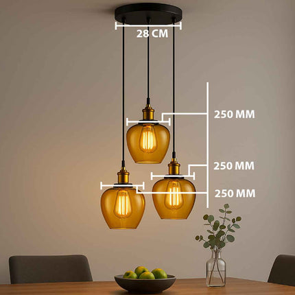 Amber Apple Shape Glass 3-Light Pendant Set with Vintage Edison Bulbs – Modern Dining Room Lighting