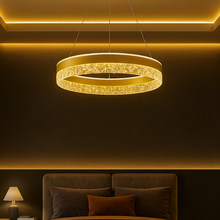 Luxury Crystal Ring Pendant Light – Warm Gold Finish | Elegant Bedroom Ceiling Fixture