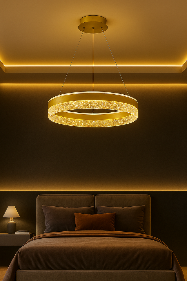 Luxury Crystal Ring Pendant Light – Warm Gold Finish | Elegant Bedroom Ceiling Fixture