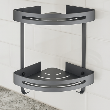 2-Tier Corner Wall-Mounted Bathroom Shelf with Hooks – Rustproof Aluminum Organizer Rack