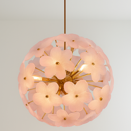 Elegant Pink Floral Glass Chandelier – Modern Hanging Light Fixture with Golden Accents