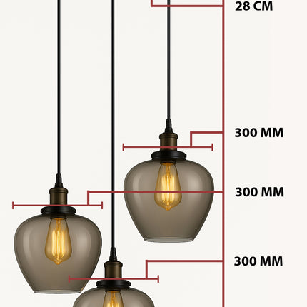 Modern 3-Light Smoky Apple Shape Glass Pendant Chandelier – Black Finish, Adjustable Hanging