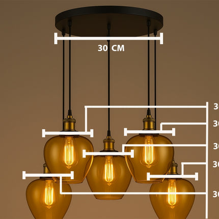 Amber Apple Shape Glass 5-Light Pendant Chandelier – Vintage Edison Bulbs with Black Round Canopy