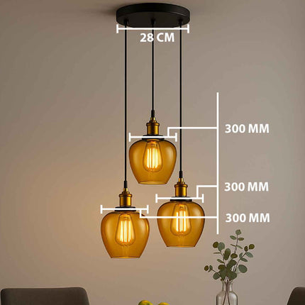 Amber Apple Shape Glass 3-Light Pendant Set with Vintage Edison Bulbs – Modern Dining Room Lighting