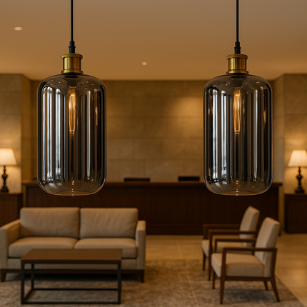 Modern Smoked Glass Pendant Light – Cylinder Design with Warm Glow