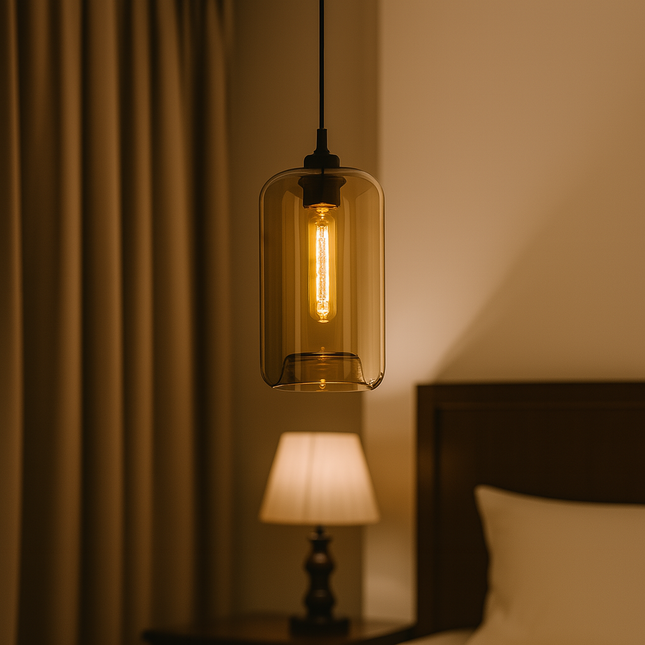 Modern Amber Glass Pendant Light – Cylinder Design with Warm Glow