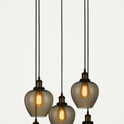 Modern 5-Light Apple Shape Smoke Glass Pendant Chandelier – Vintage Edison Bulbs, Black Round Ceiling Mount