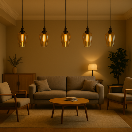 Amber Glow Modern Pendant Light – Vintage T Bulb with Sleek Black Finish