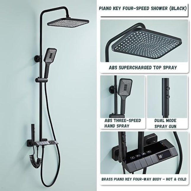 Thermostatic Shower System with Digital Display 4-in-1 with Digital Display – Rainfall Head, Handheld, Spray Gun & Tap