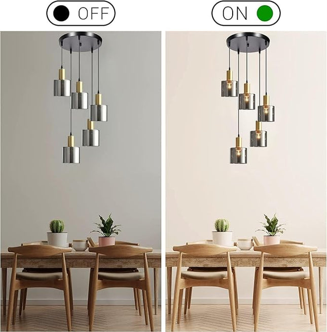 Pendant Light, Smoke Gray Glass Pendant Light, Modern Glass 5 Hanging Light Chandelier for Living Room Dining Room Bedroom Kitchen Island (Smoke Gray)