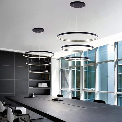 Modern Black 3-Ring LED Pendant Chandelier – Adjustable Circular Ceiling Light for Living, Dining, and Office