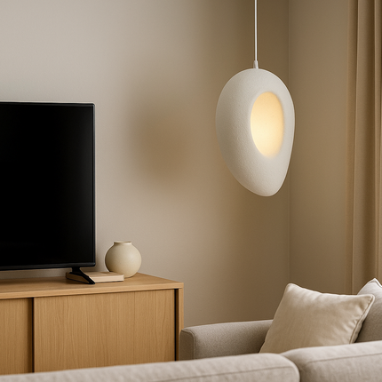 Modern Oval Pendant Light – Minimalist Textured White Ceiling Lamp for Living Room, Corner Lighting, or TV Area | Soft Ambient Glow | E27 Bulb Compatible
