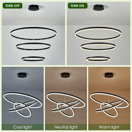 Modern LED Chandelier with Remote – Adjustable Black Ring Ceiling Light Fixture for Living Room, Dining Room, or Office