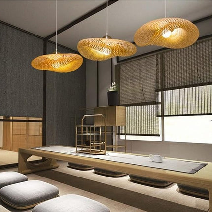 Creative Hand Woven Bamboo Pendant Lamp Shell Shape Bamboo Chandelier Ceiling Light Natural Bamboo Chandelier for Bedroom, Living Room, Tea Room (50CM)