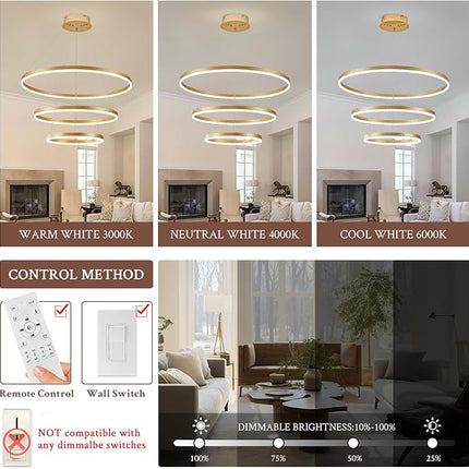 Gold Modern LED Ring Chandelier with Remote – Luxury Dimmable Pendant Light for High Ceilings, Staircases, and Living Spaces