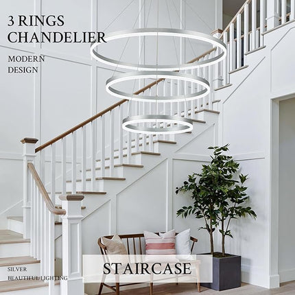Modern Silver LED Ring Chandelier with Remote – Dimmable Contemporary Pendant Light for Living Room, Bedroom, or Entryway