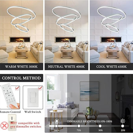 Modern Silver LED Ring Chandelier with Remote – Dimmable Contemporary Pendant Light for Living Room, Bedroom, or Entryway